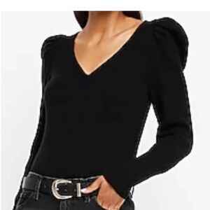Express Black V-Neck Sweater with Puff Sleeves